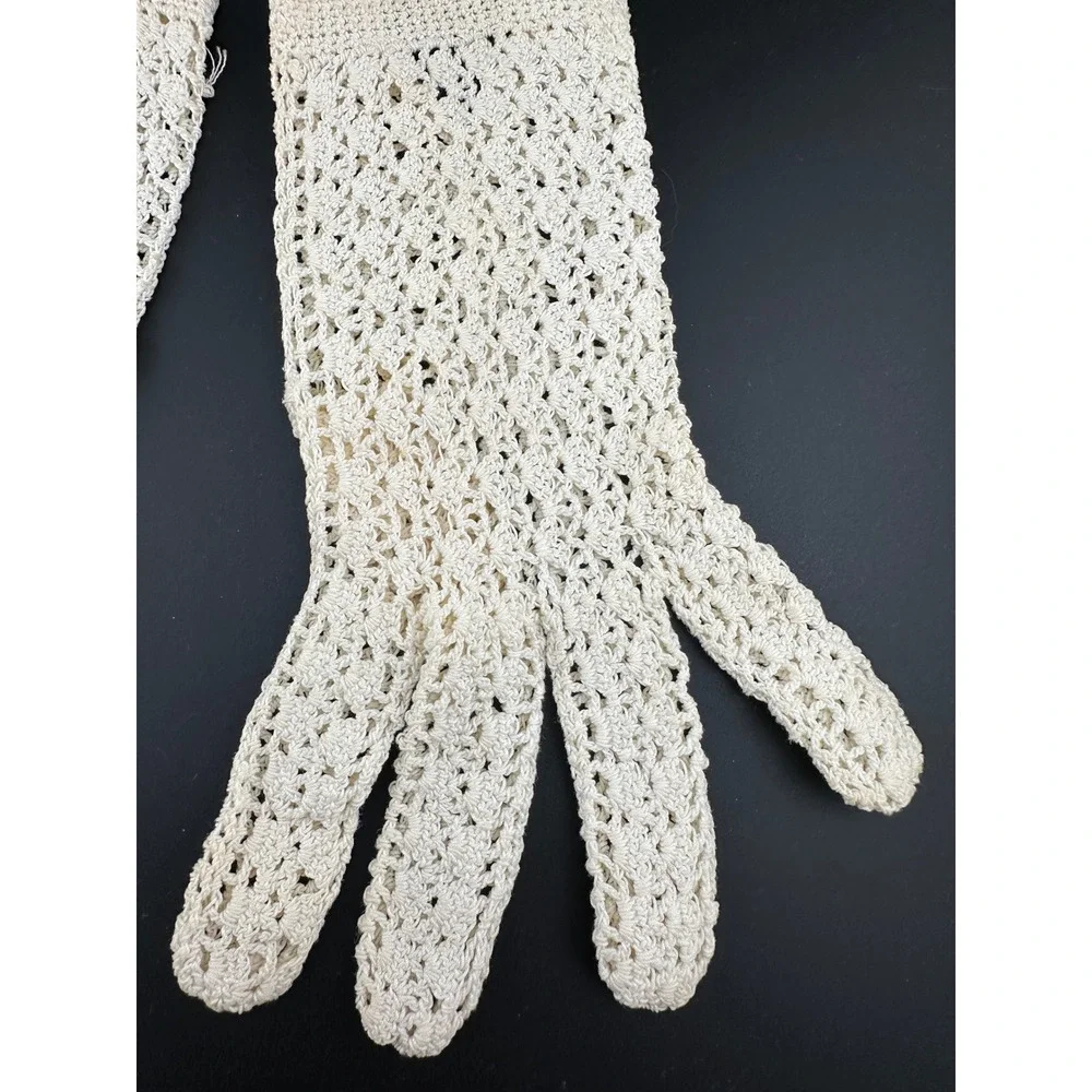 Vintage 40s Hand Crochet Gloves France Post WWII Ivory Lace Formal Bridal